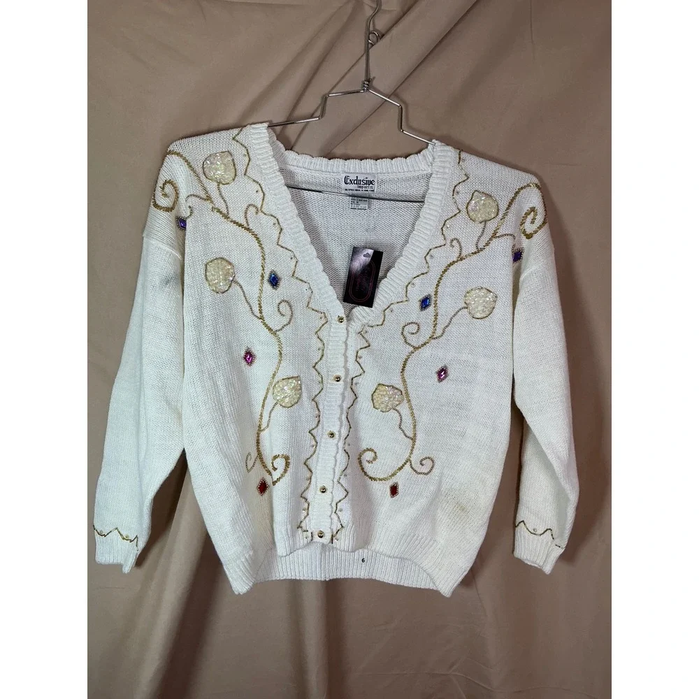 Exclusive Imports Cardigan Womens Medium Cream NWT Beaded Sequin Vintage V-Neck